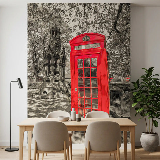 Red telephone booth mural against a soft sepia street scene in dining room GD11441