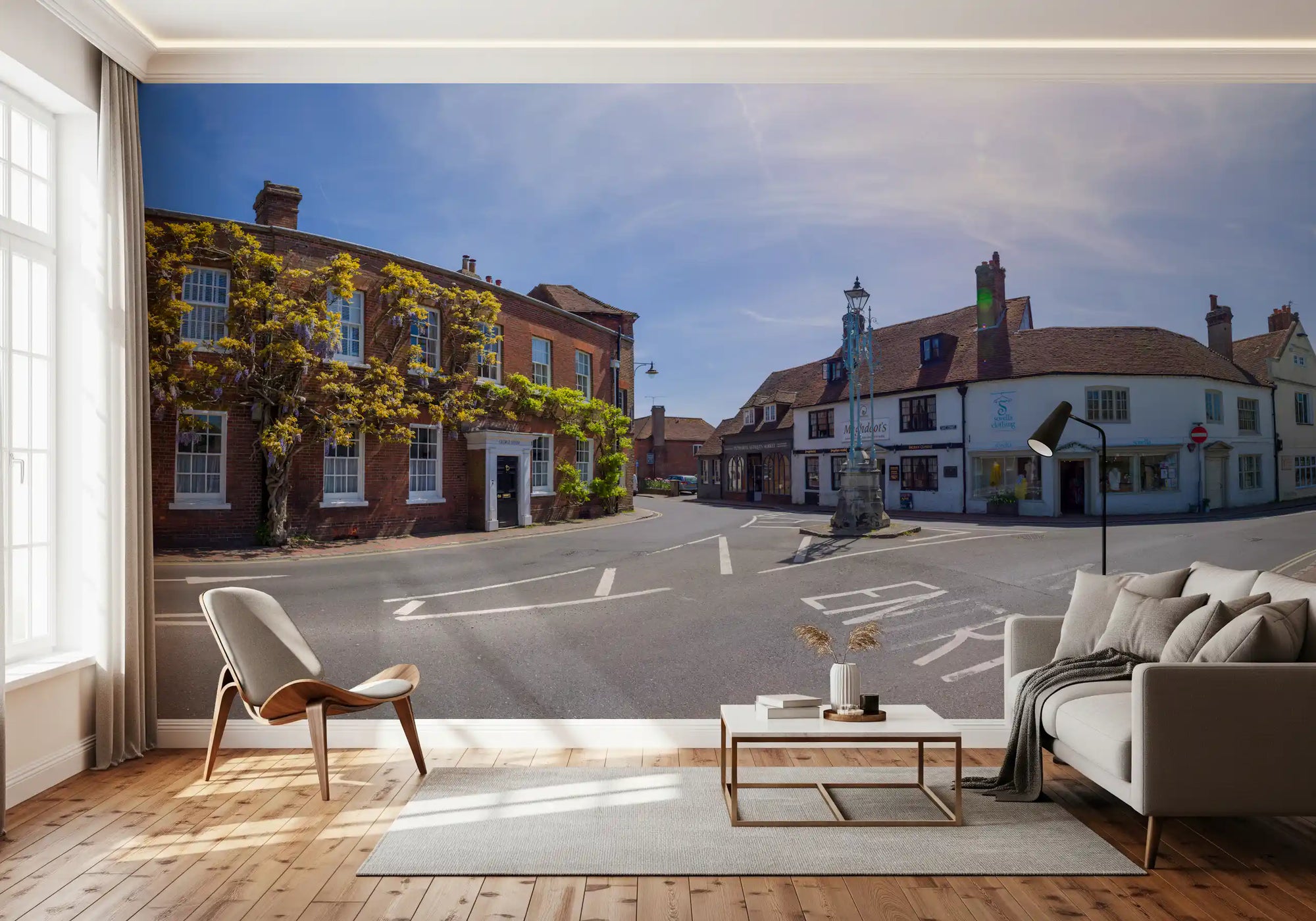Historic architectural view mural with brick and white town buildings GD11442