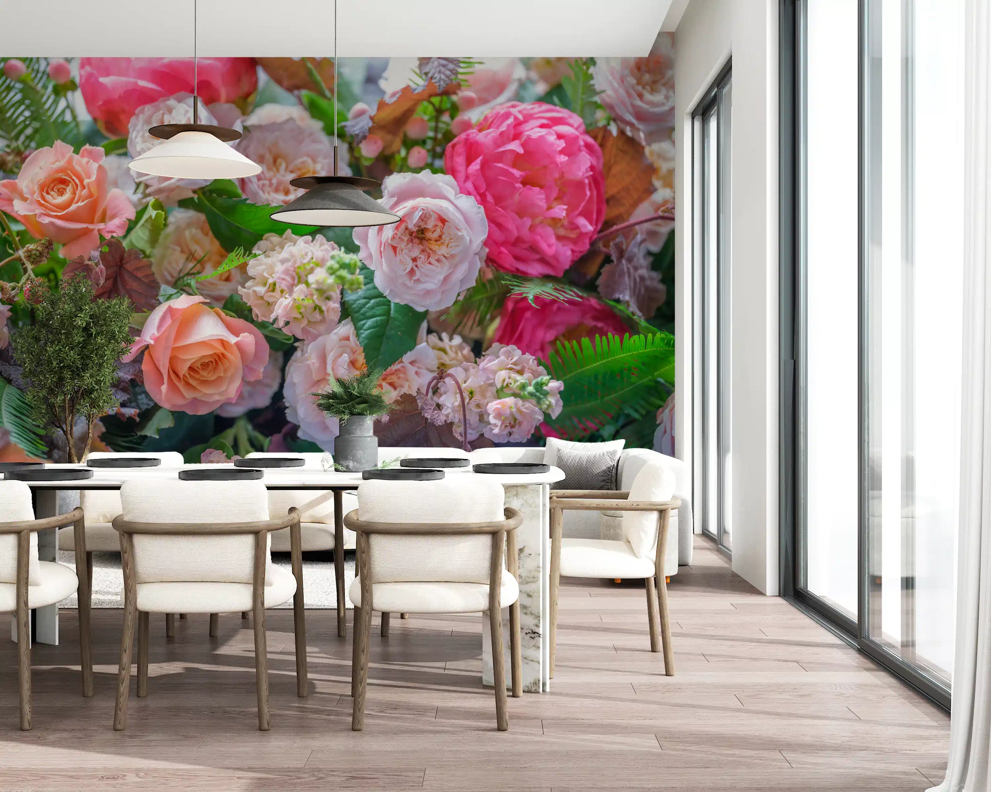 Velvet petal arrangement mural with pink roses and peonies GD11444
