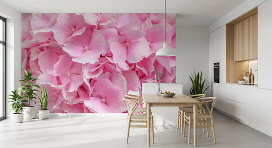 Layered pink rose petal texture wall mural in soft blush tones for dining room GD11445