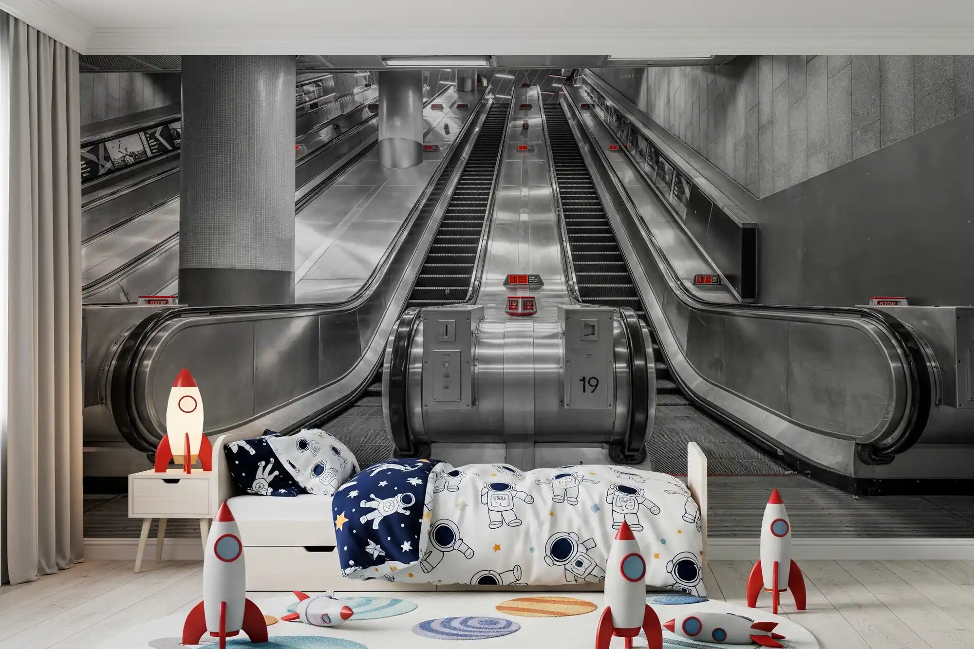 Metallic urban transit wall mural with twin symmetrical escalators GD11446
