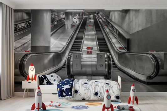 Metallic urban transit wall mural with twin symmetrical escalators GD11446