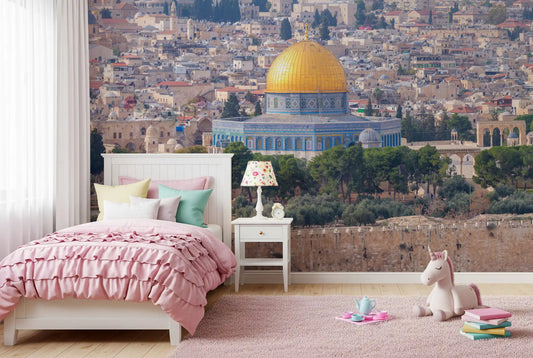 Golden dome architectural vista wall mural above an old hillside city in bedroom GD11447