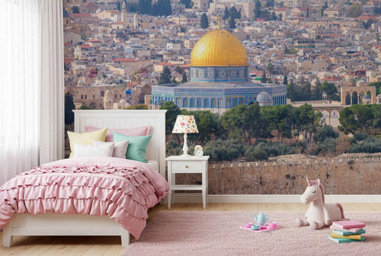 Golden dome architectural vista wall mural above an old hillside city in bedroom GD11447