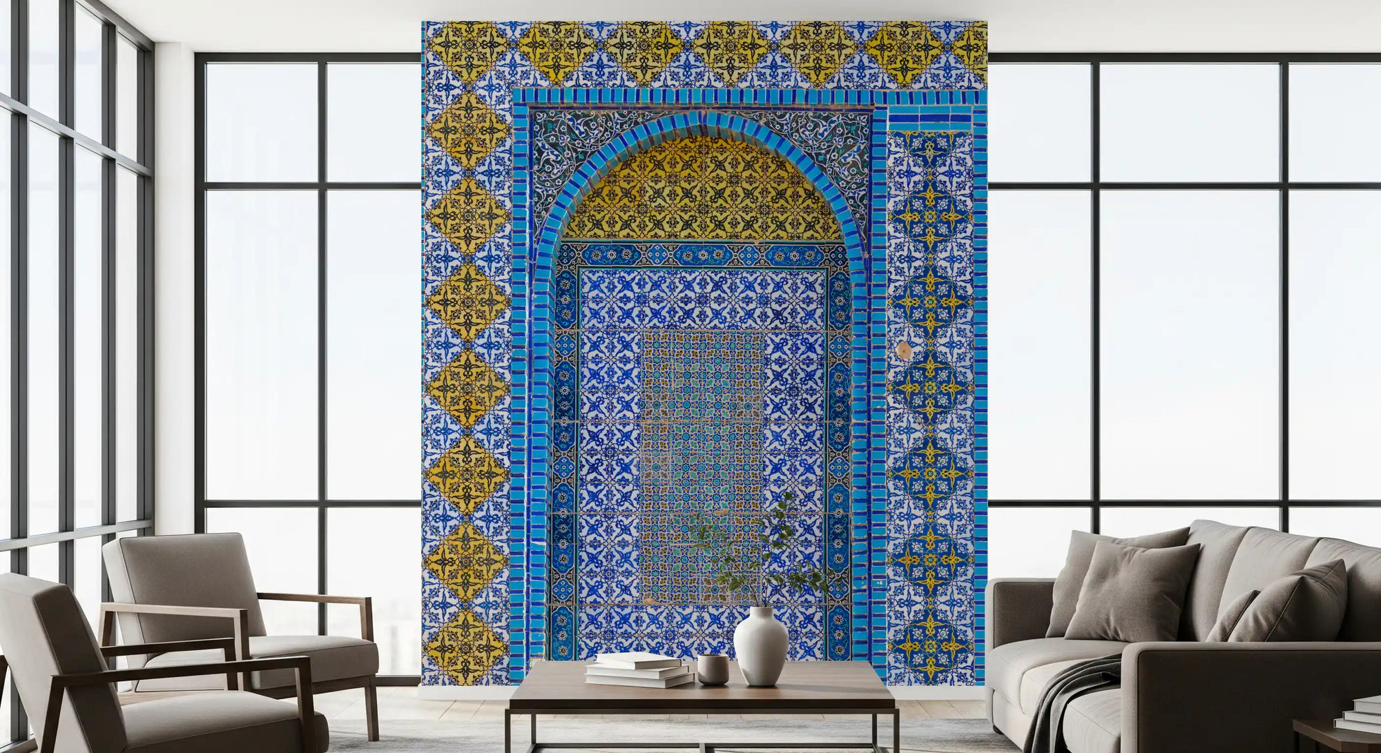 Dense floral and geometric cobalt tiles in a symmetry mural GD11448