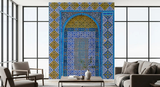Dense floral and geometric cobalt tiles in a symmetry mural GD11448