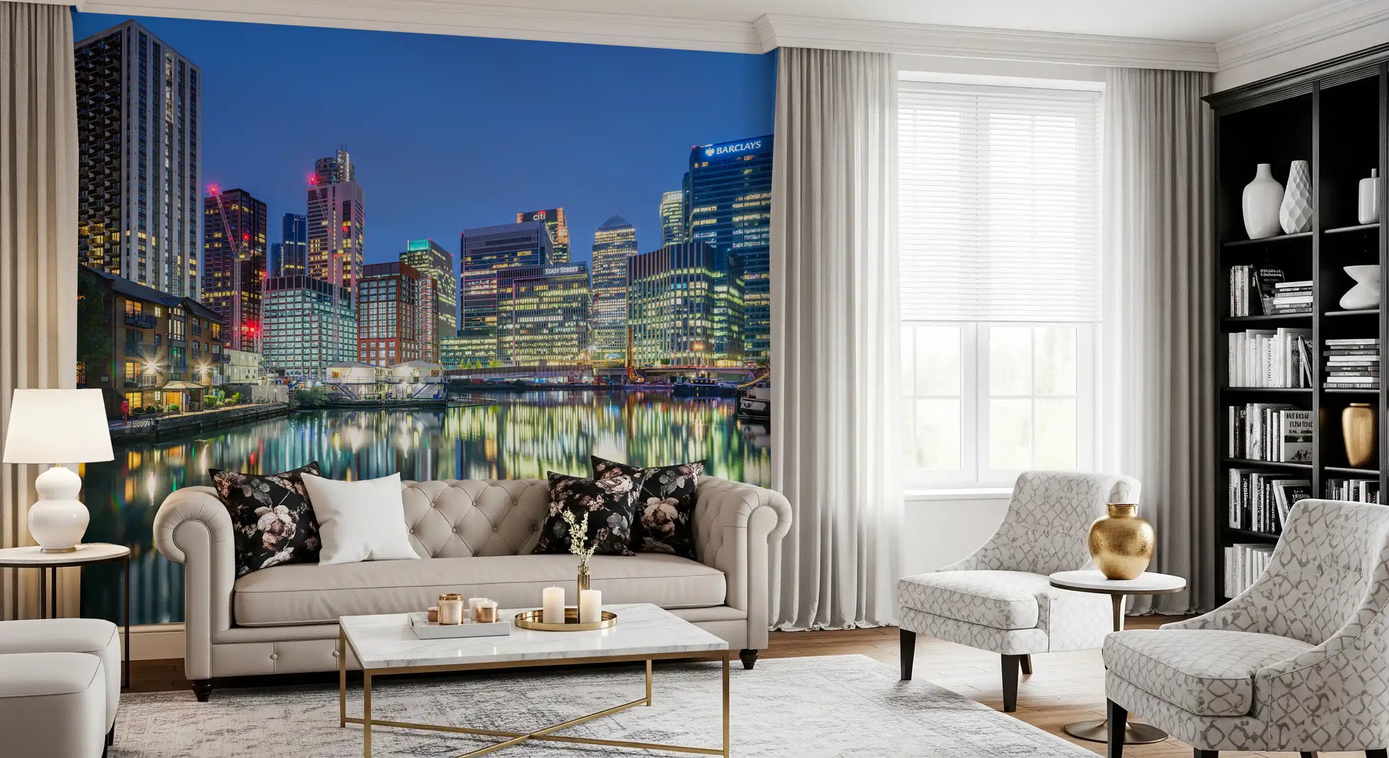 Metropolitan water reflection wall mural with a dusk city skyline GD11449