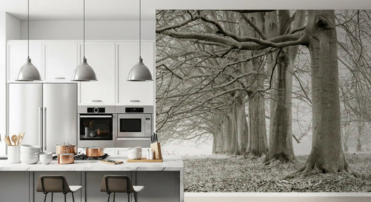 Grey monochrome forest mural with tall bare trees and misty branches GD11450