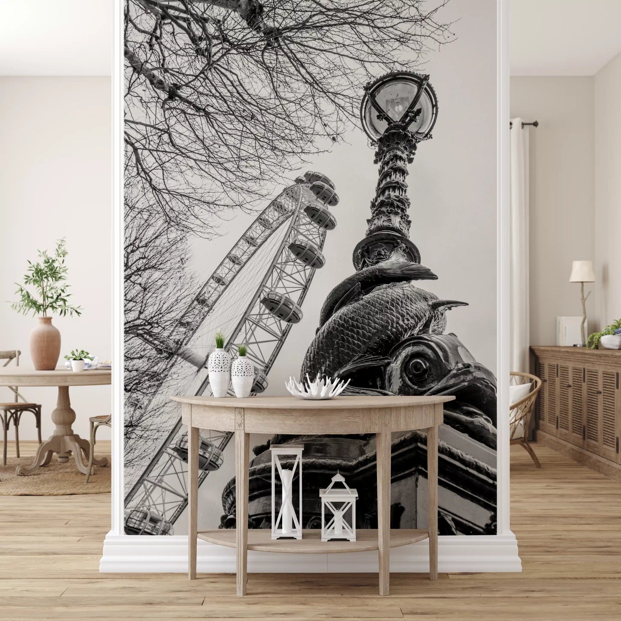 Black and white mural of an ornate fish lamppost and tall observation wheel GD11451
