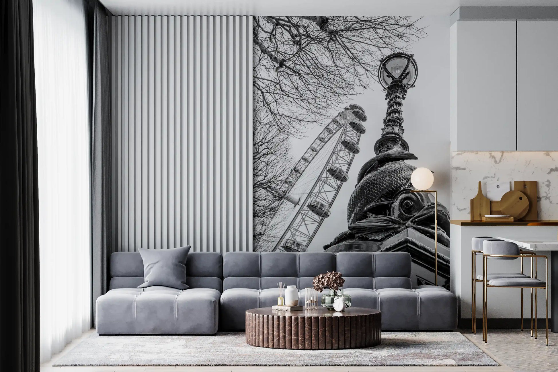 London Landmark Observation Wheel and Lamppost Wall Mural
