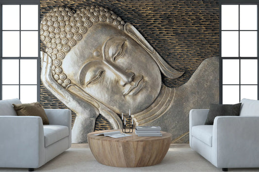 Silver reclining Buddha sculpture mural with spiralled curls and closed eyes GD11452
