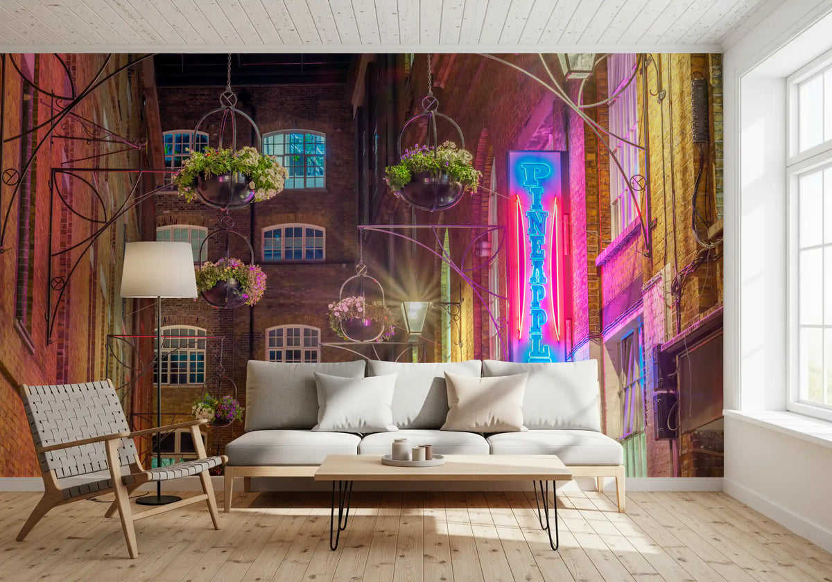 Industrial night mural with hanging flower baskets on lit pink brick walls GD11456