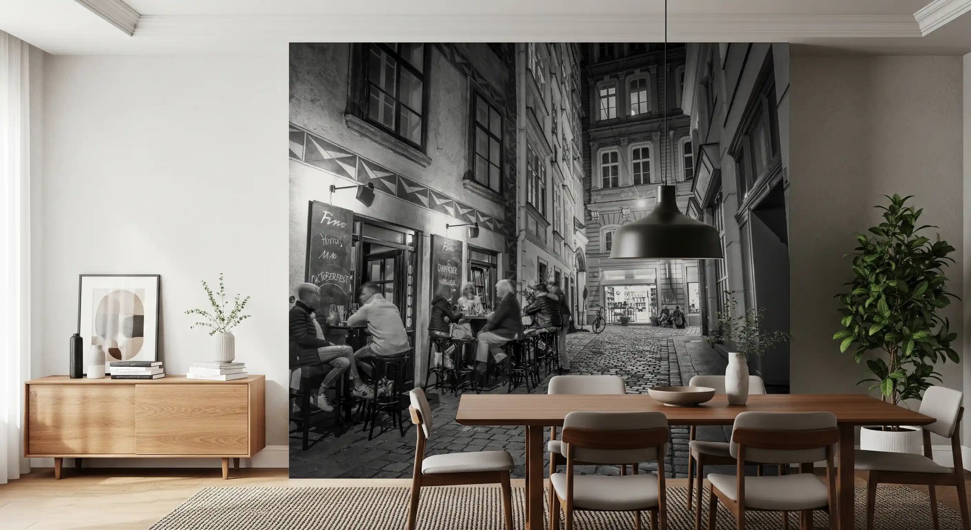 Black and white cobblestone bistro mural with diners at outdoor tables GD11457