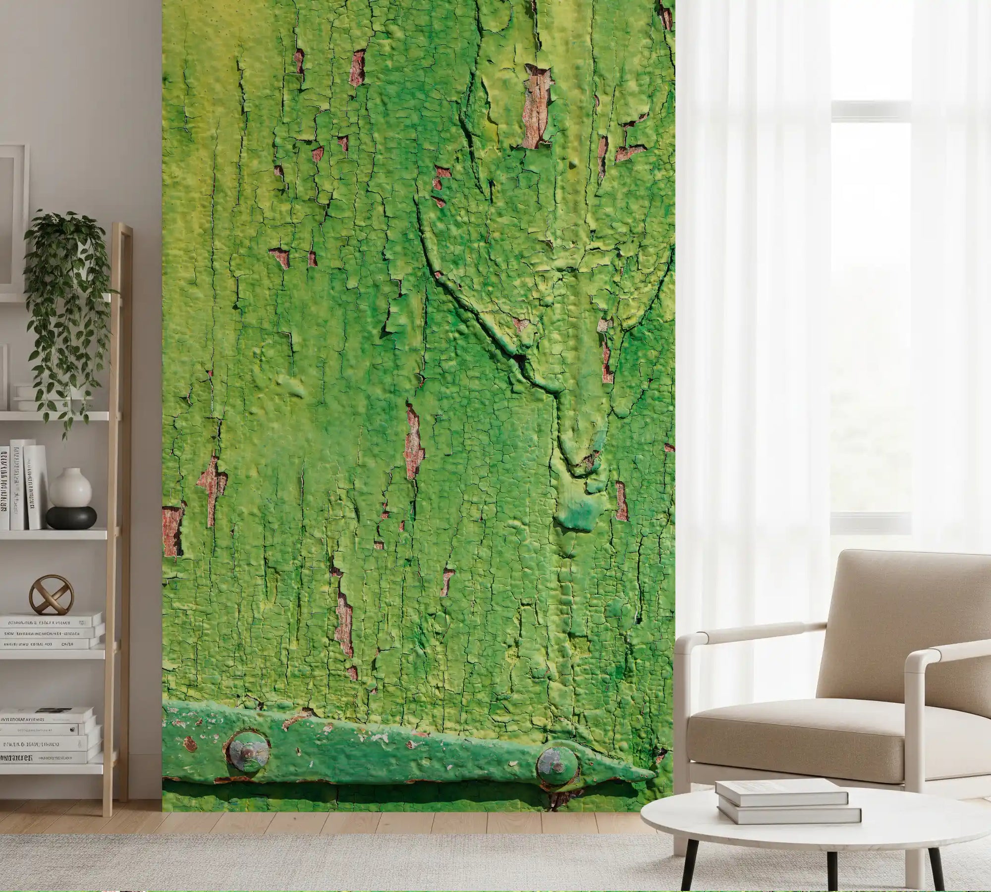 Weathered green wood mural with cracked peeling paint and pink undertones GD11459