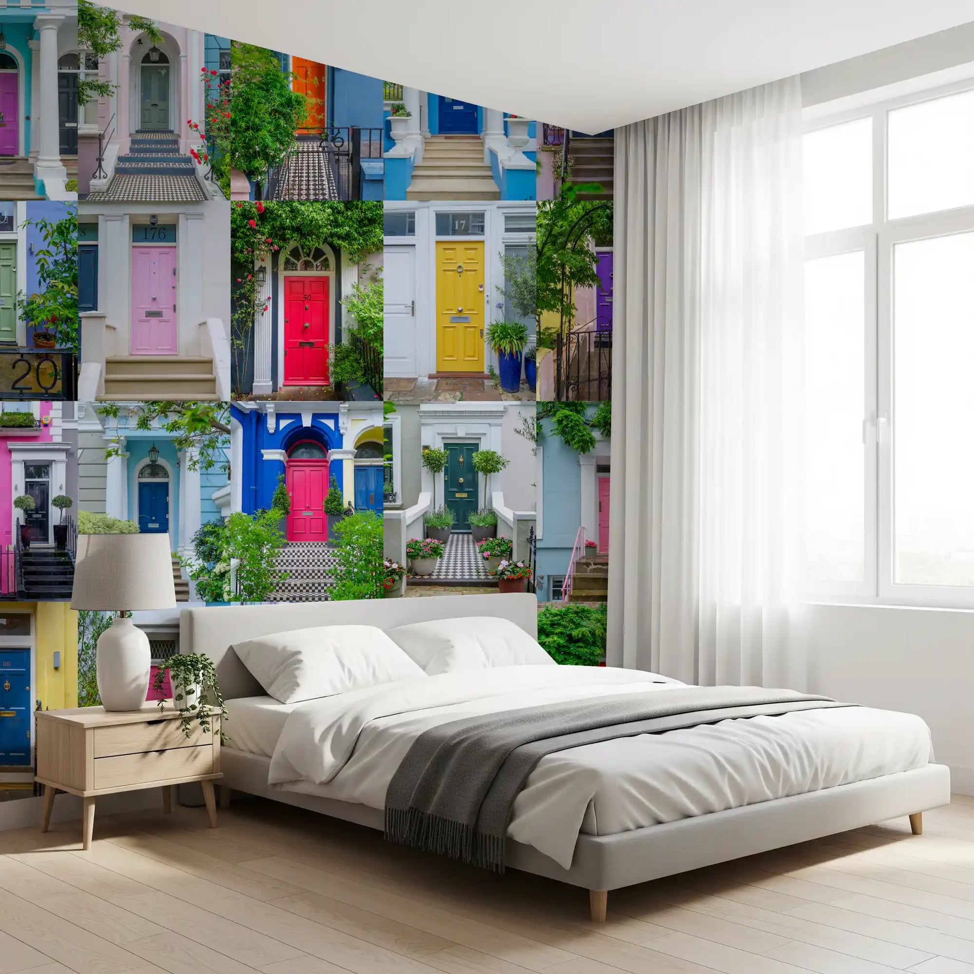 Urban entrance mosaic mural with colourful townhouse doors GD11460