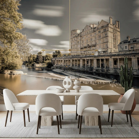 Riverside heritage mural with golden stone buildings in dining room GD11461