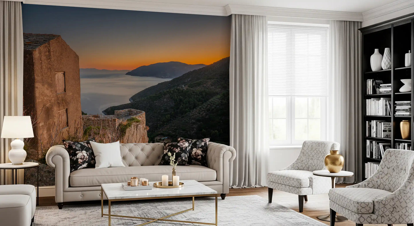 Rustic Stone Retreat at Golden Hour Wall Mural