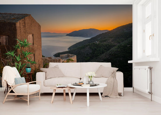 Rustic Stone Retreat at Golden Hour Wall Mural