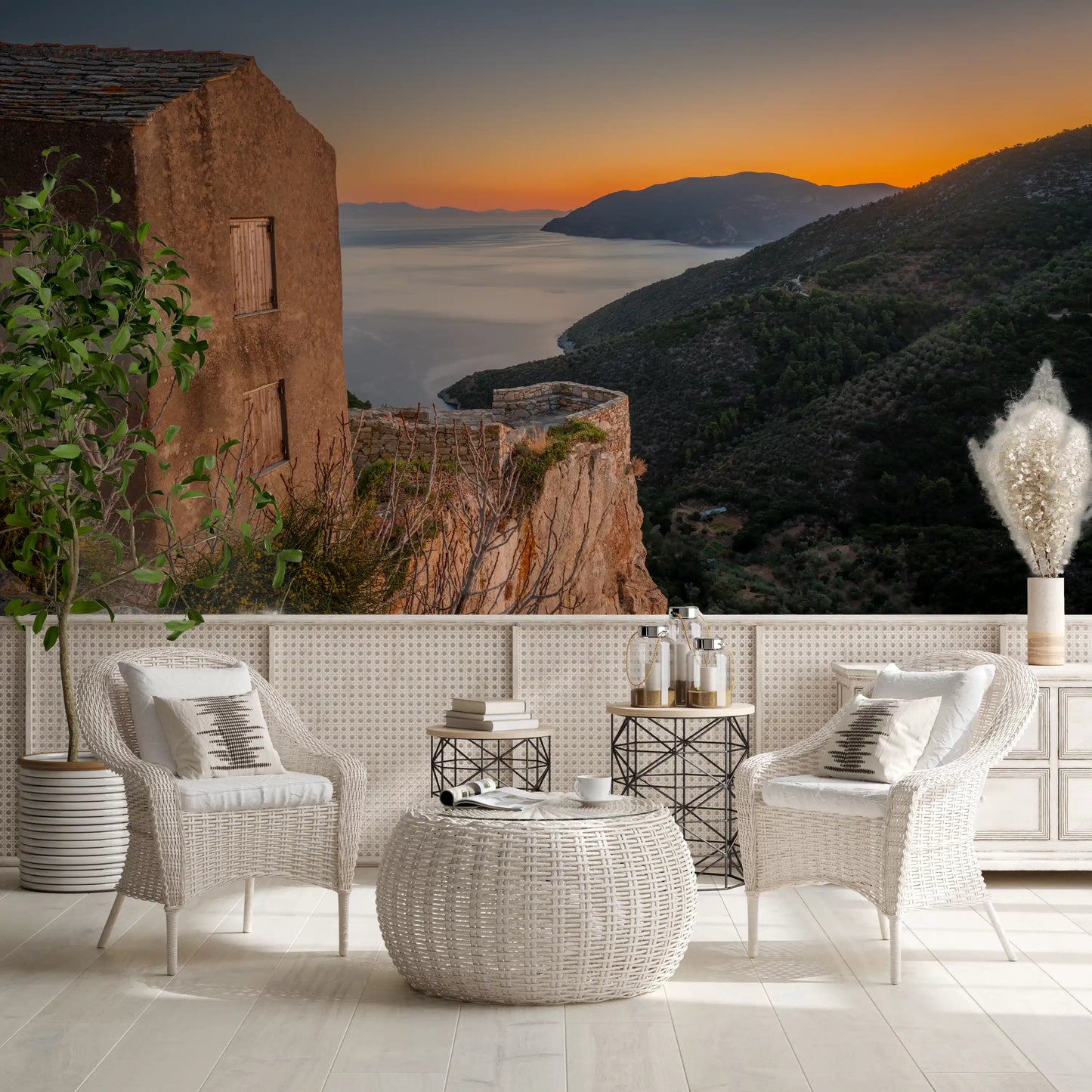 Rustic Stone Retreat at Golden Hour Wall Mural
