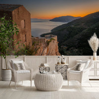 Rustic Stone Retreat at Golden Hour Wall Mural