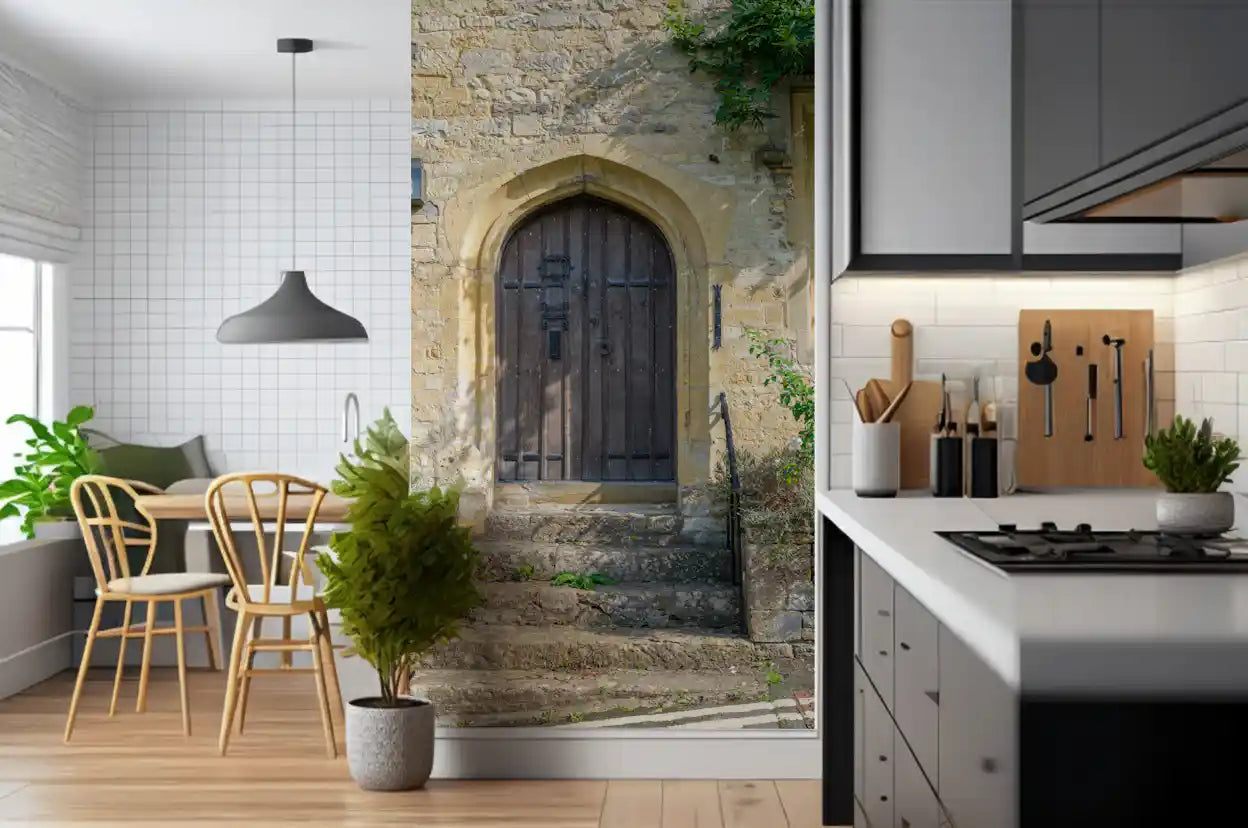 Aged Timber Archway and Stonework Wall Mural