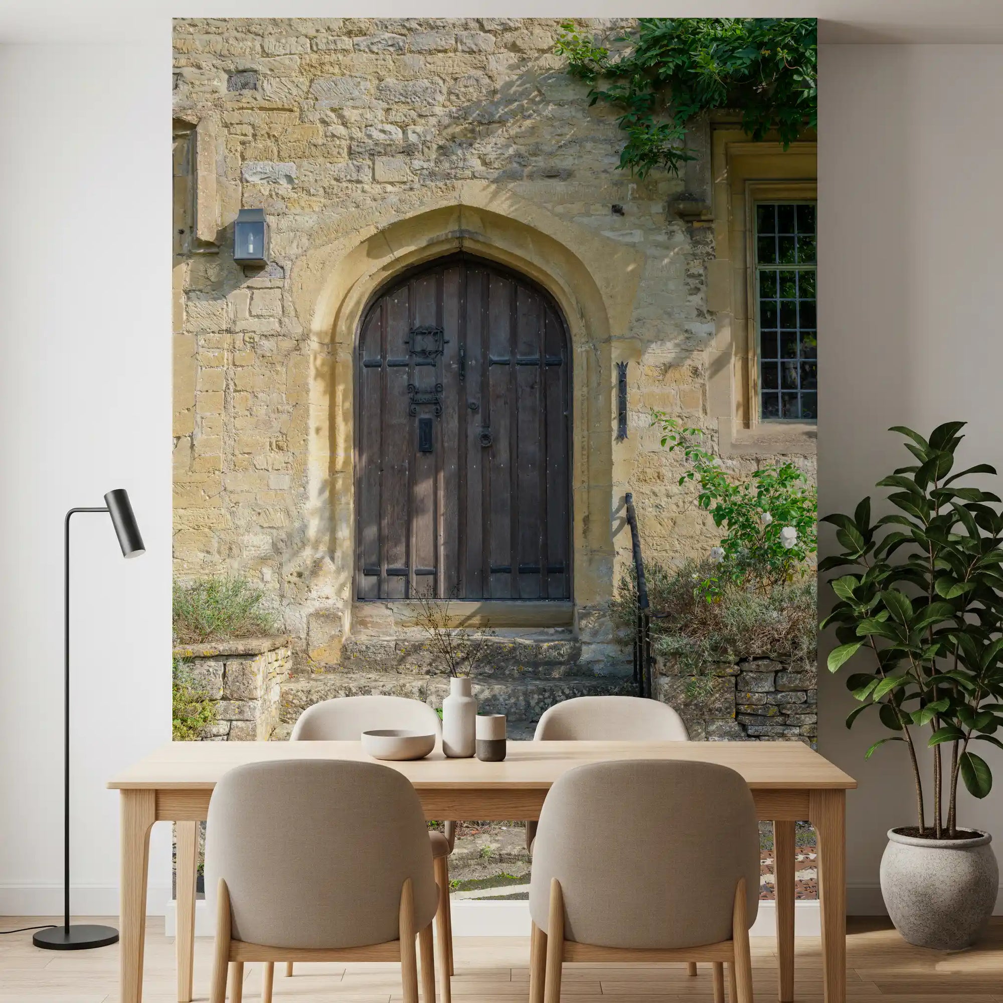 Aged Timber Archway and Stonework Wall Mural
