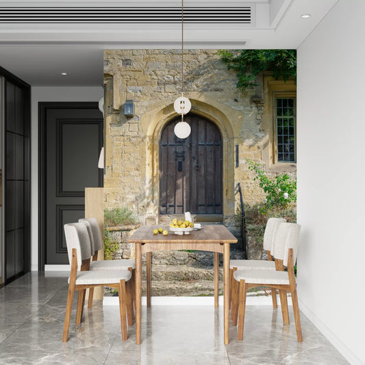 Aged timber archway and golden stonework wall mural with a pointed wooden door GD11470