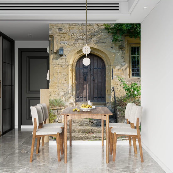 Aged timber archway and golden stonework wall mural with a pointed wooden door GD11470