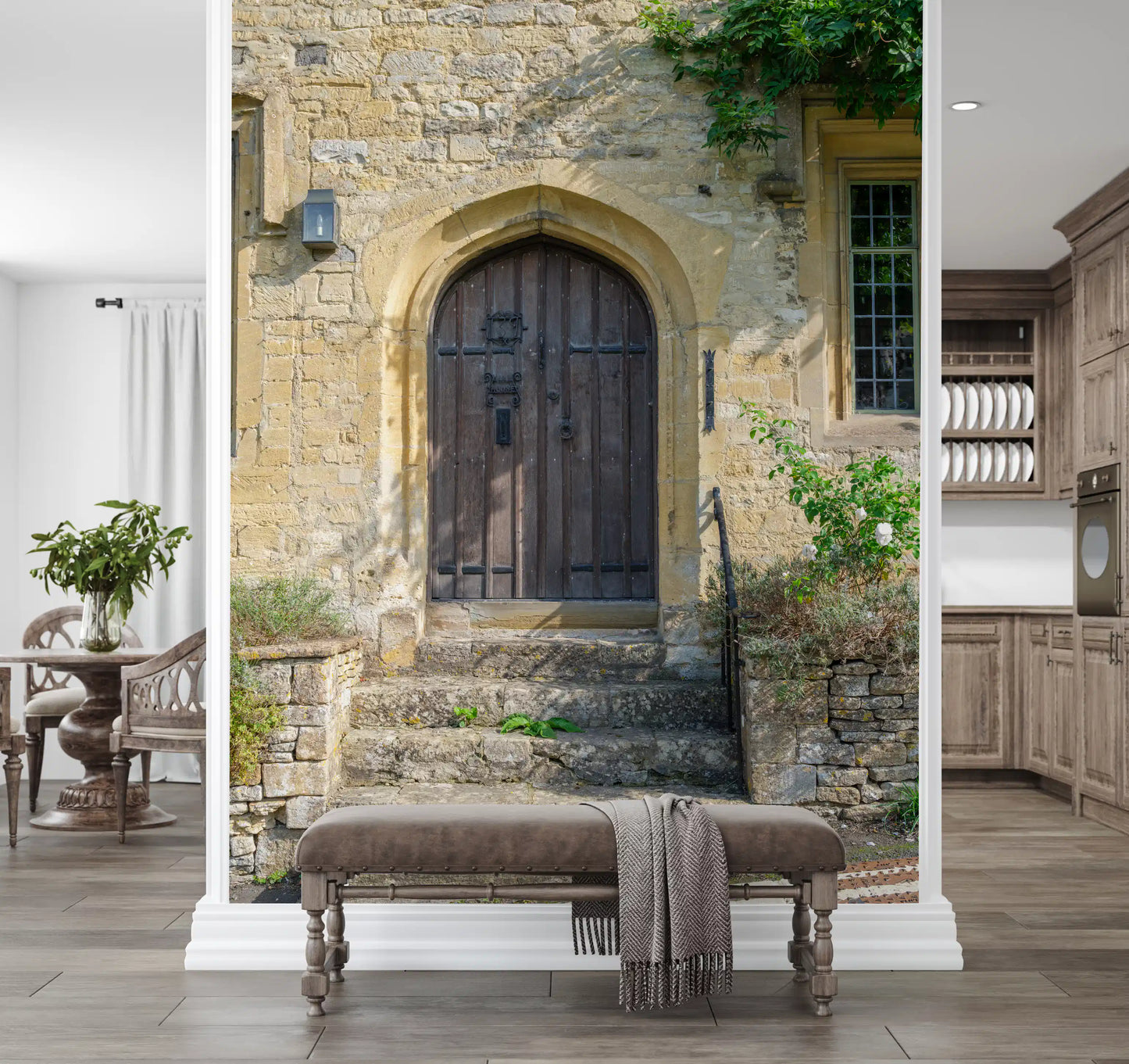 Aged Timber Archway and Stonework Wall Mural