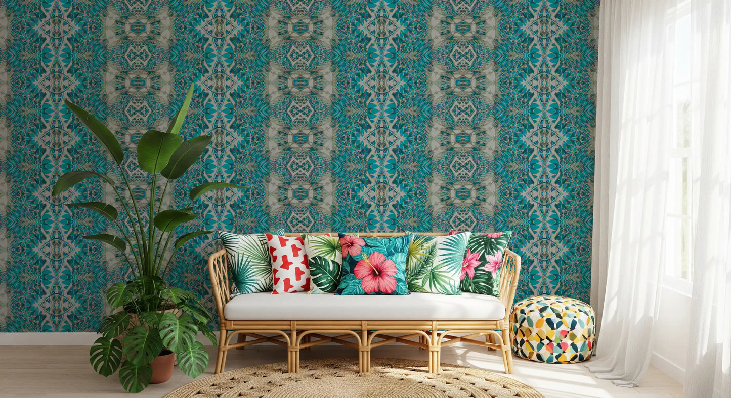 Teal & Gray Intricate Abstract Ornamental Wallpaper