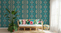 Teal & Gray Intricate Abstract Ornamental Wallpaper