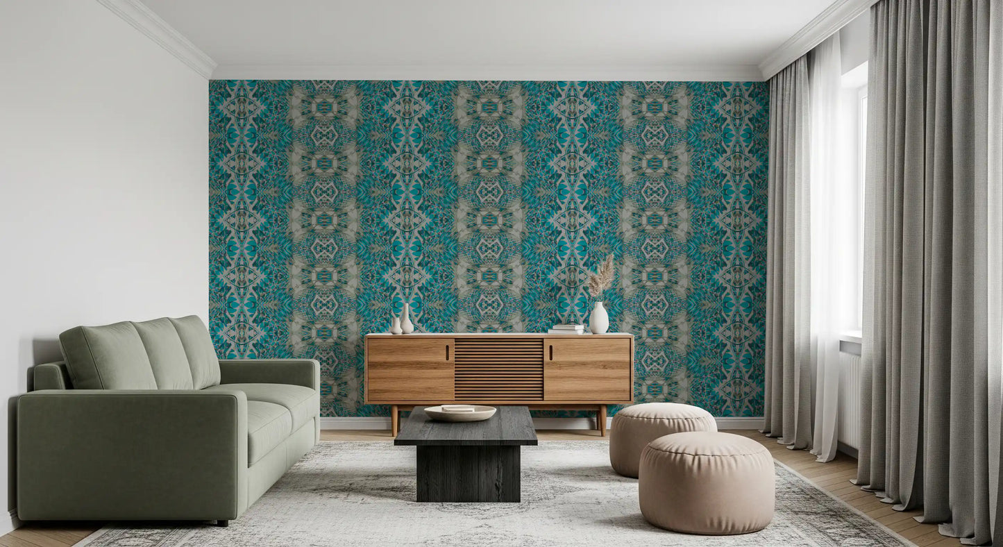 Teal & Gray Intricate Abstract Ornamental Wallpaper