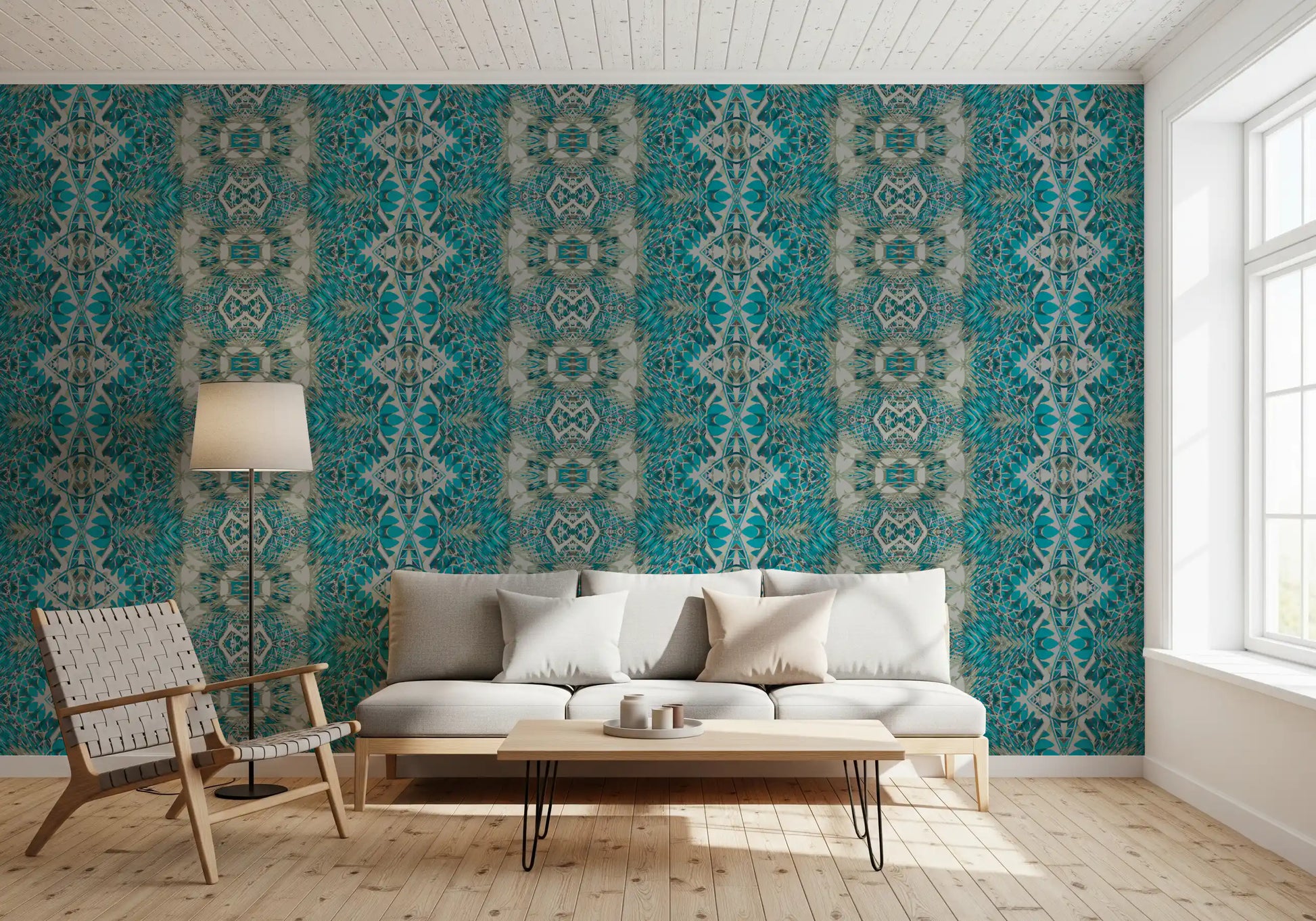 Teal & Gray Intricate Abstract Ornamental Wallpaper