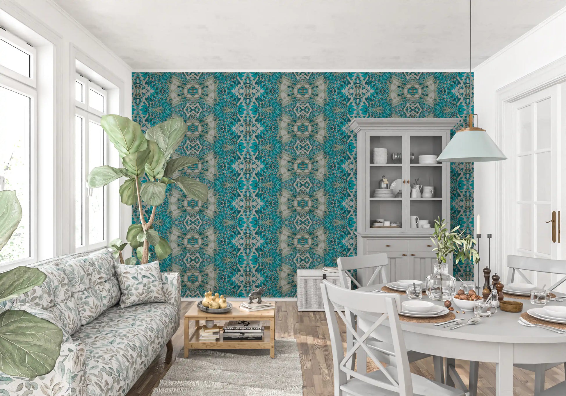 Teal & Gray Intricate Abstract Ornamental Wallpaper
