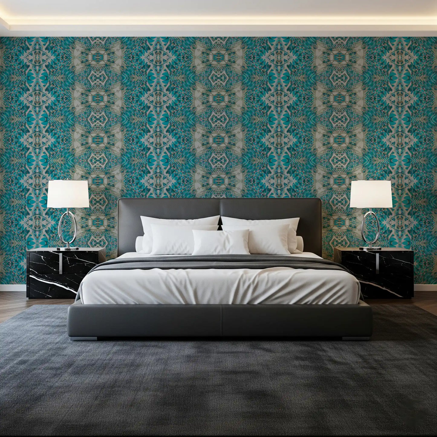 Teal & Gray Intricate Abstract Ornamental Wallpaper