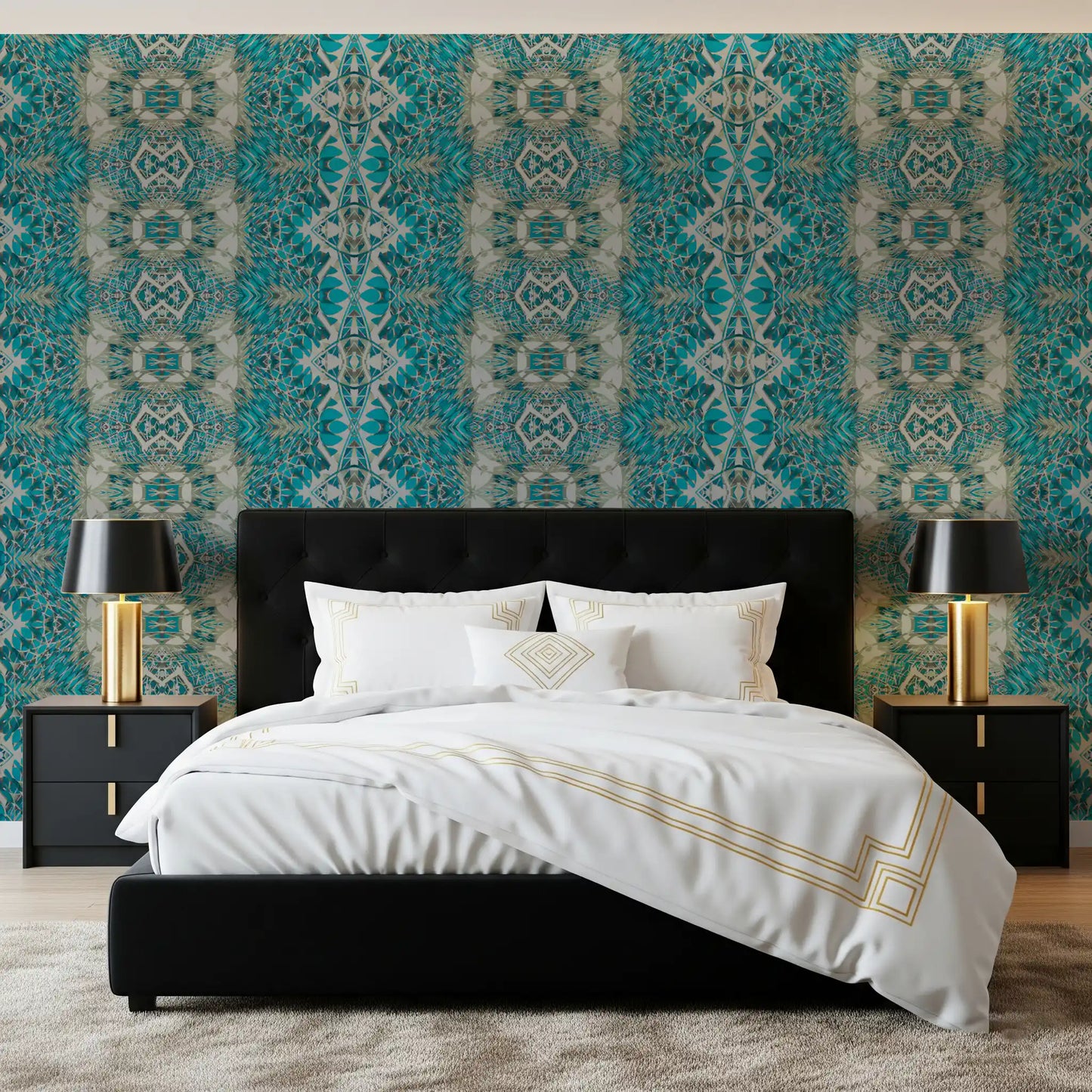 Teal & Gray Intricate Abstract Ornamental Wallpaper