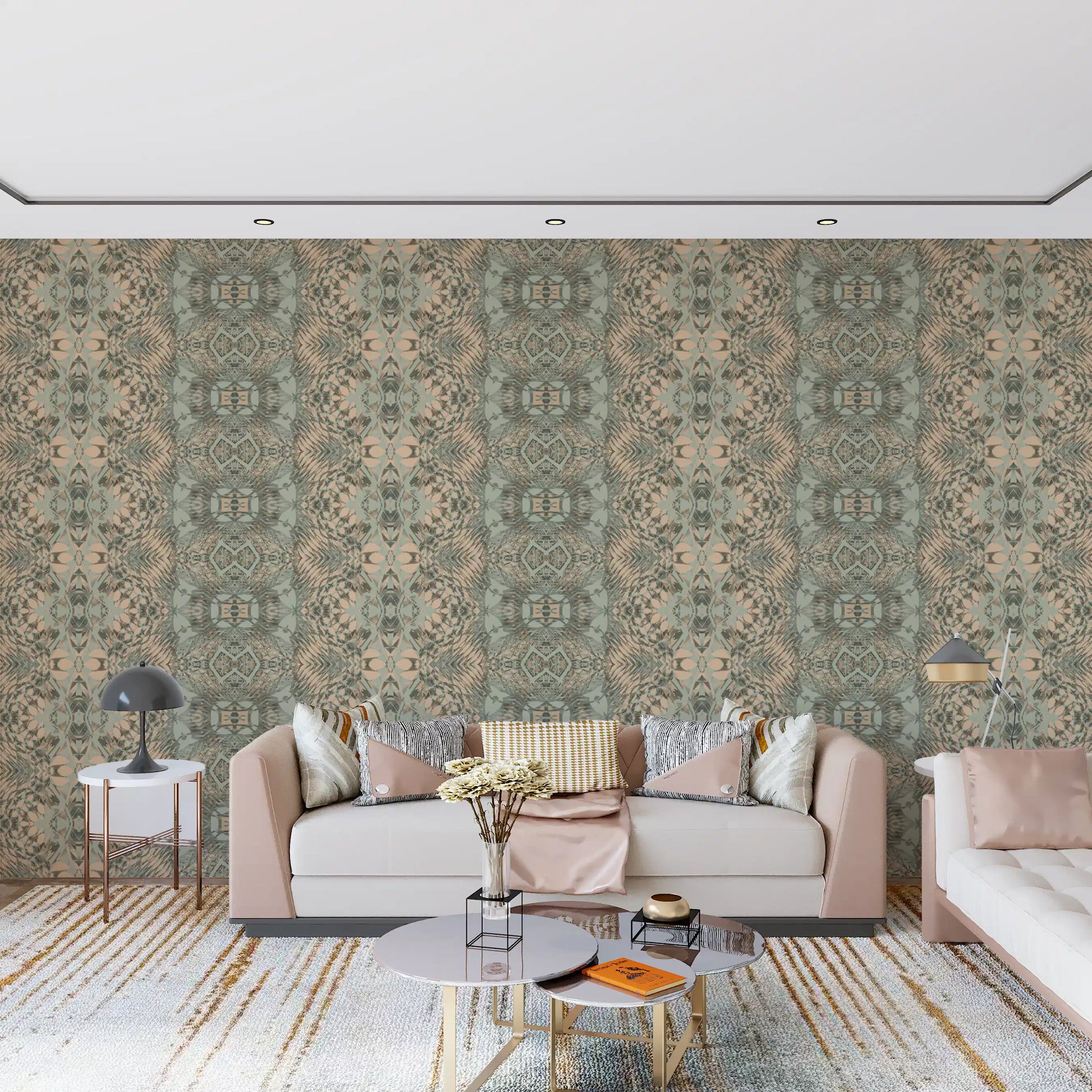 Peach & Sage Contemporary Abstract Botanical Wallpaper