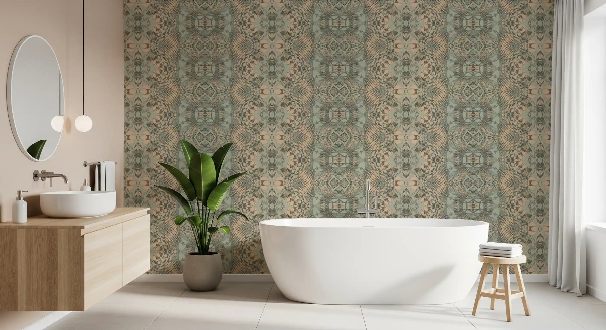 Peach & Sage Contemporary Abstract Botanical Wallpaper