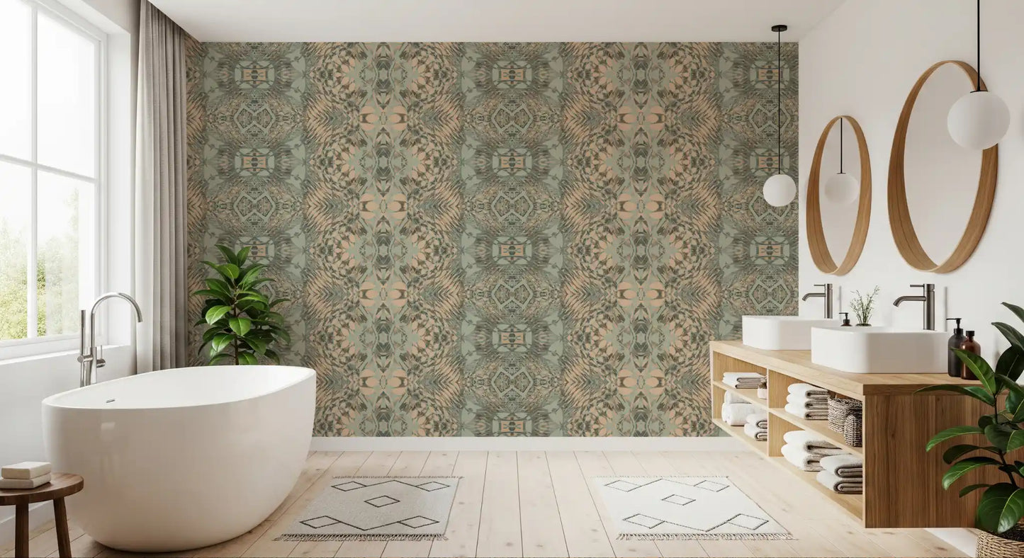 Peach & Sage Contemporary Abstract Botanical Wallpaper