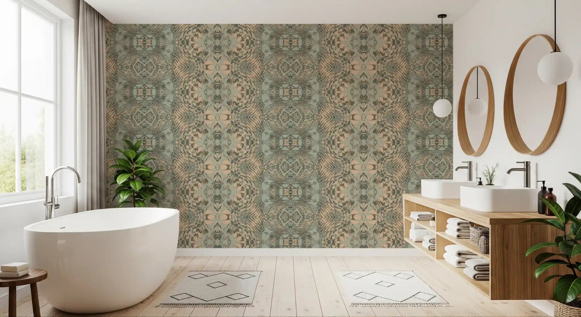 Peach & Sage Contemporary Abstract Botanical Wallpaper