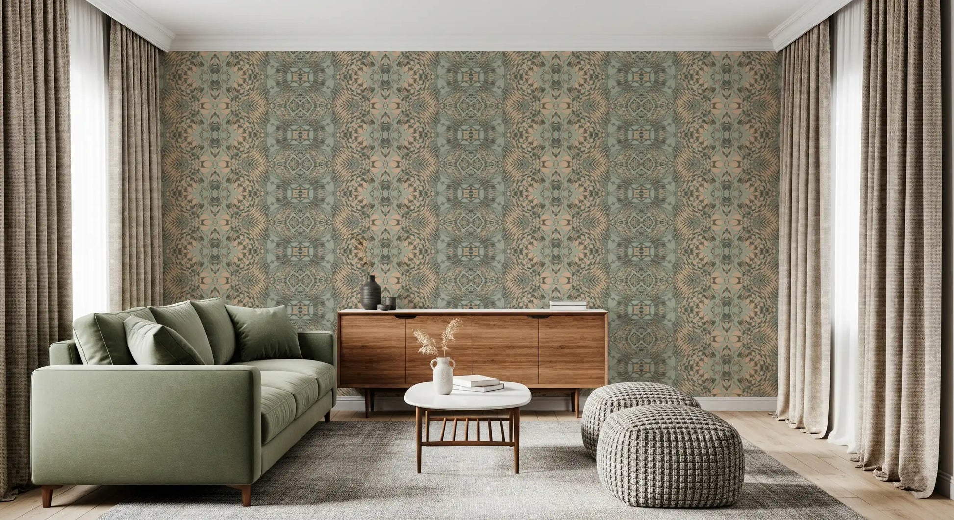 Peach & Sage Contemporary Abstract Botanical Wallpaper