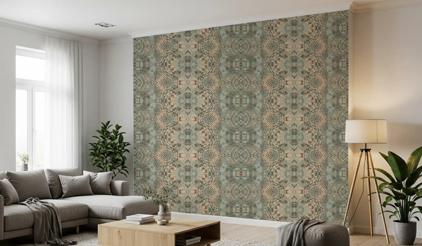Peach & Sage Contemporary Abstract Botanical Wallpaper