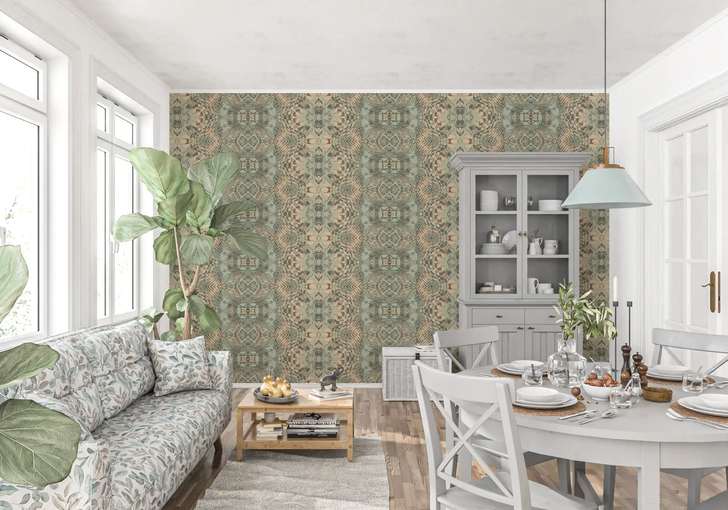 Peach & Sage Contemporary Abstract Botanical Wallpaper