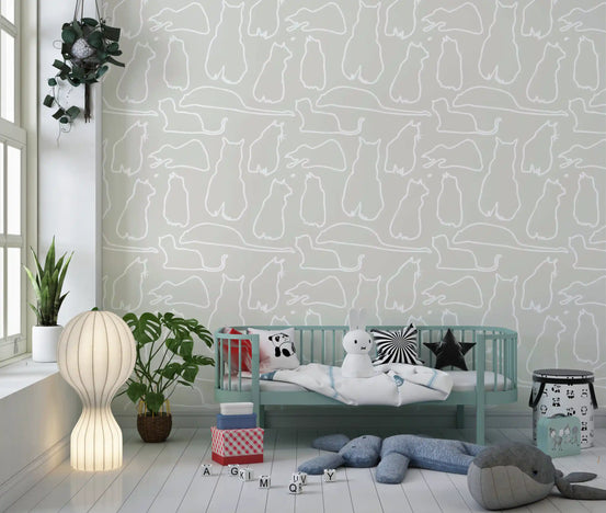 Soft greige cat wallpaper with repeating white line cats GD11474