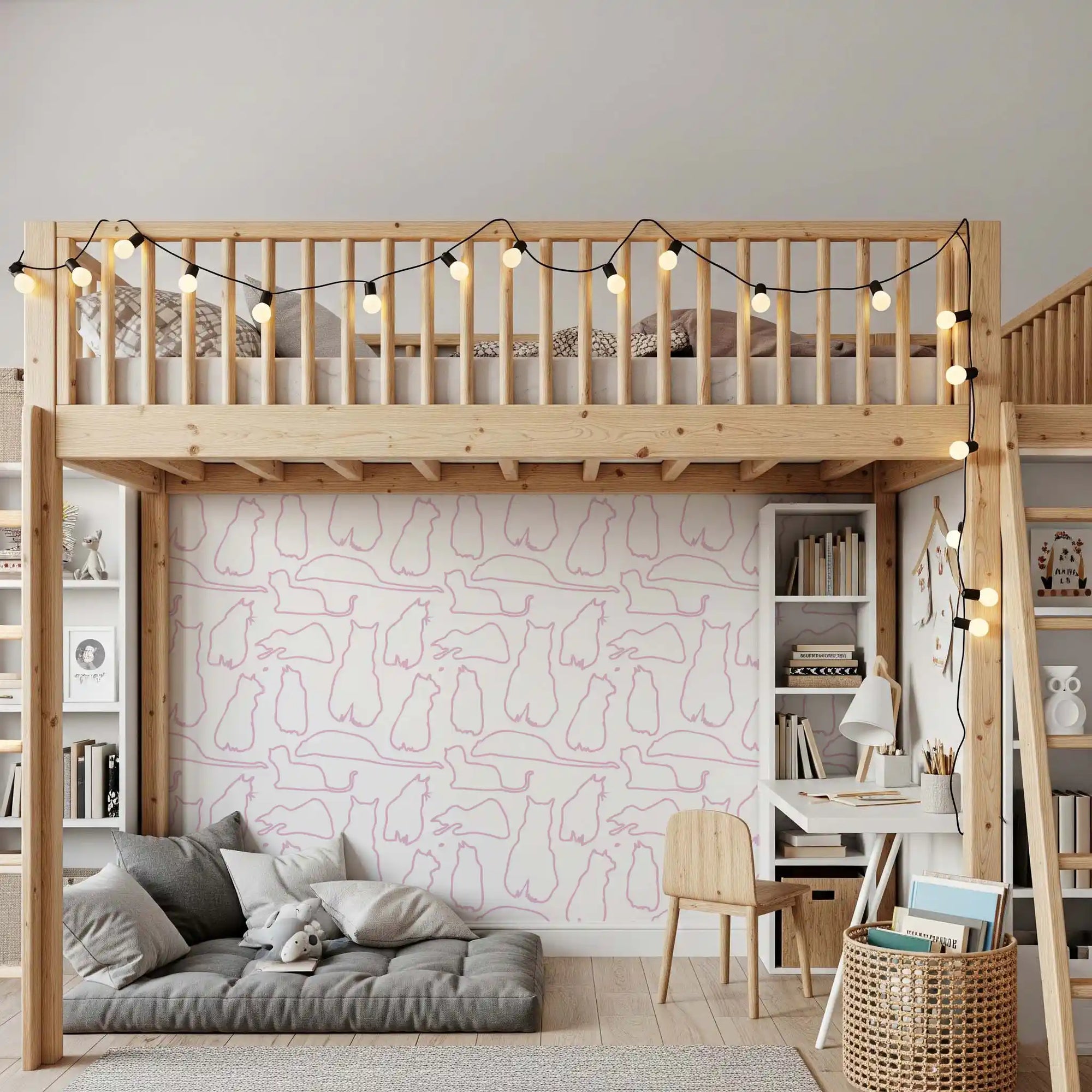 Pink cat wallpaper with white ground and continuous line cats GD11475