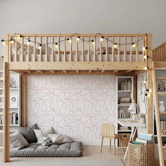 Pink cat wallpaper with white ground and continuous line cats GD11475