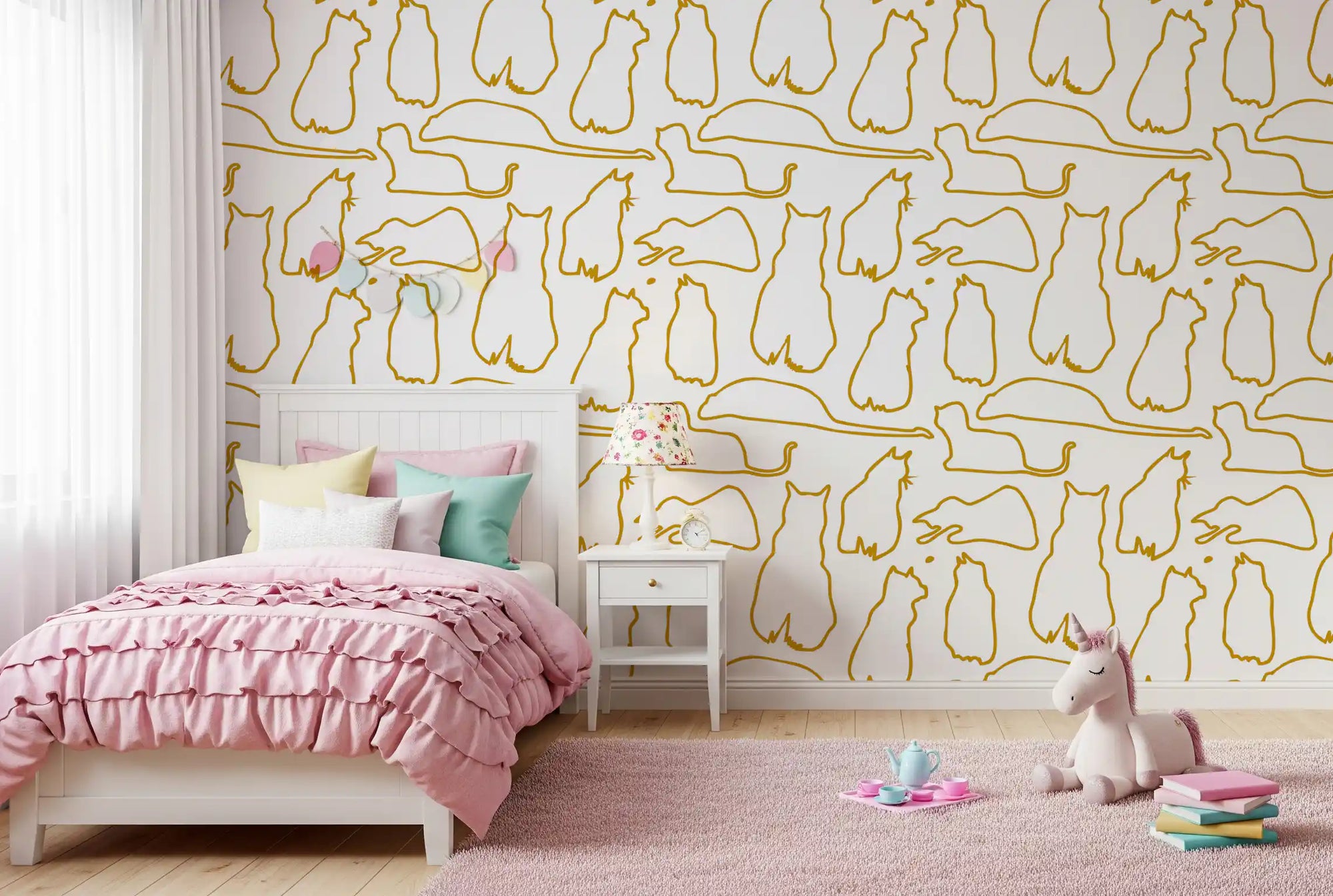 Mustard cat wallpaper with golden line cats on a white ground GD11477