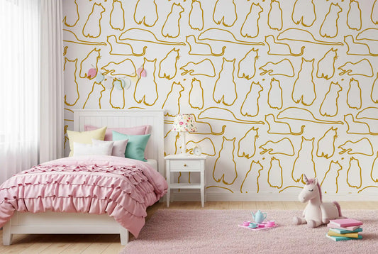 Mustard cat wallpaper with golden line cats on a white ground GD11477