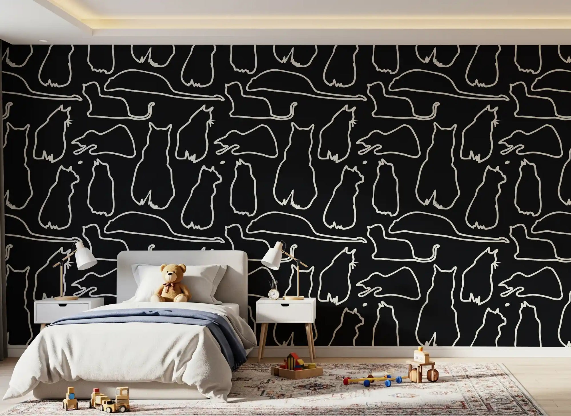 Black and cream cat wallpaper with outlined lounging cats in kids bedroom GD11478