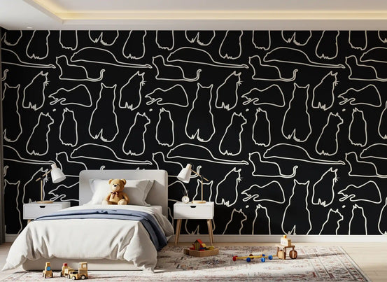 Black and cream cat wallpaper with outlined lounging cats in kids bedroom GD11478